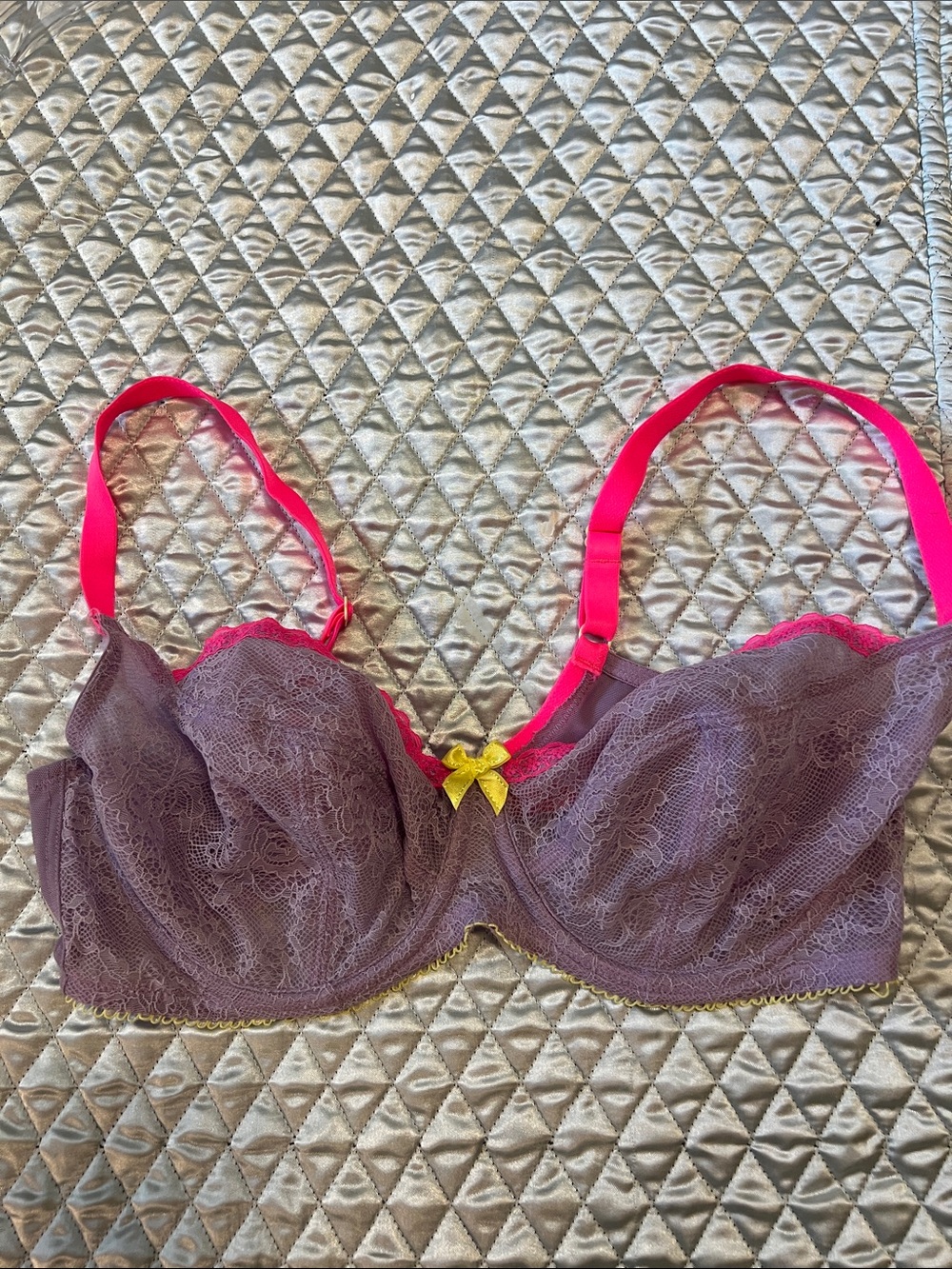 Cleo by Panche Lace Underwire Bra in Plum with Hot Pink Straps and Yellow Bow
